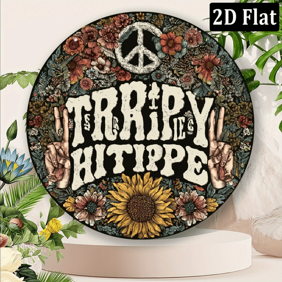 2D Flat, 1-Pack Stay Trippy Little Hippie Round Sign, Psychedelic Flowers and Peace Poster, Hippie Wall Art Decor, Bohemian Themed Gift, 20x20cm