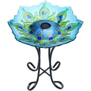 Outdoor Bird Bath with Metal Stand, 21.65" H Peacock Glass Birdbaths with Solar Light for Lawn Yard Garden Decor, 18" Dia