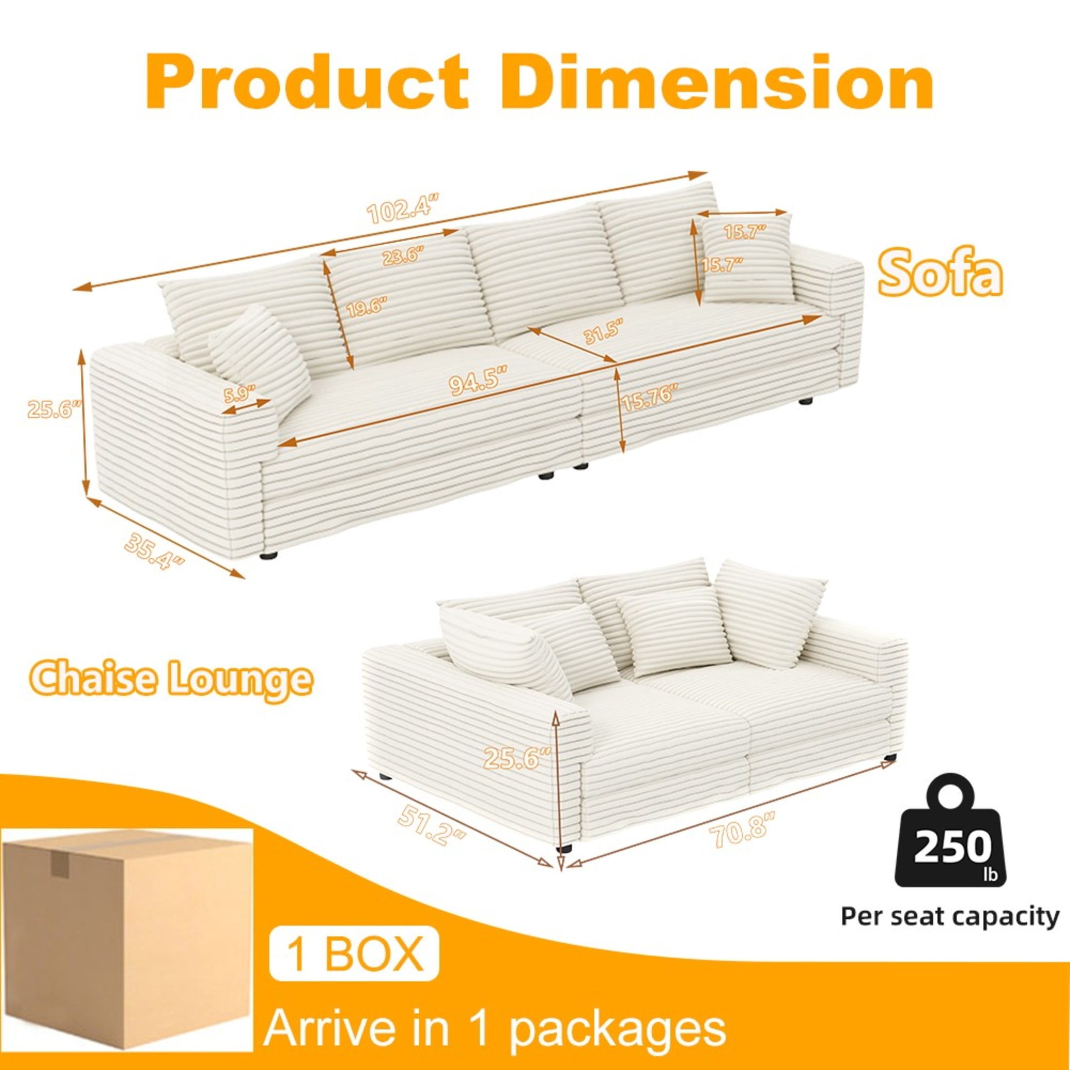 Noble House Solley 102.4" Plush Corduroy 4-Seat Sofa, Modern Convertible Cloud Couch Lounge Chair, Beige White