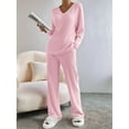 thumbnail image 5 of Womens Ribbed Knit 2 Piece Sets Long Sleeve Sweater and Wide Leg Pants Loungewear Pajamas Set Pink S, 5 of 8