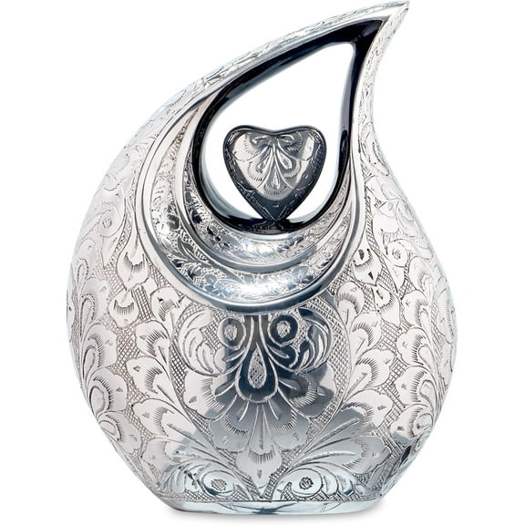 Large Silver Teardrop Urn Fully Engraved with Heart for Human Ashes Male - Urns for Adult Men and Women - Cremation Urns for Ash, Funeral/Burial Urns, Decorative and Keepsake ERN, Heart Urn, 2.5 LTR