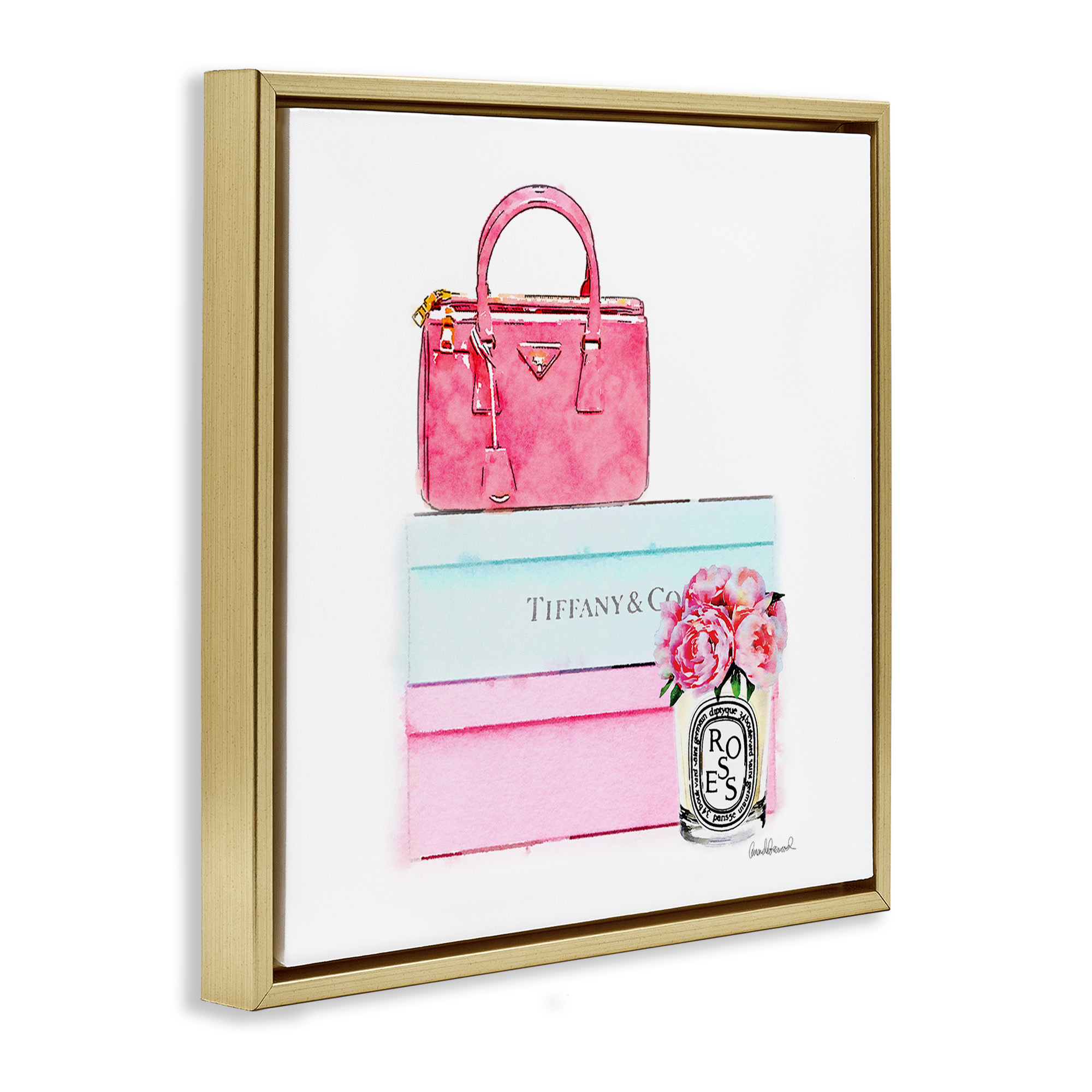 Stupell Industries Fashion Box & Roses Beauty & Fashion Painting Gold Floater Framed Canvas Art Print Wall Art, 18 x 18