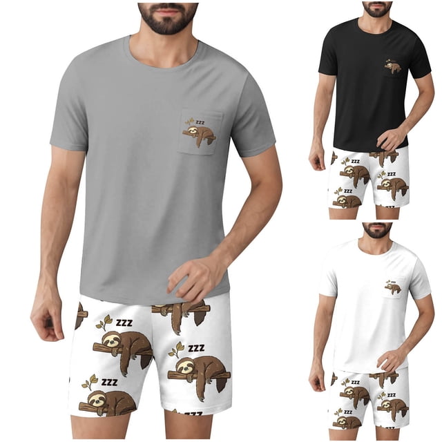 JDQJBZ Ensemble de Pyjama 2 Pcs pour Homme T-Shirt à Manches Courtes Col Ras du Cou et Shorts avec Imprimé