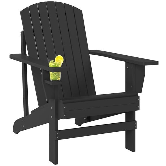 Adirondack Chair, Poplar Wood Outdoor Lounge Chair with Built-in Cupholder and Slanted High Backrest, 37.4 x 28.3 x 36.6 in, Black Finish, Seating for Patio, Porch and Fire Pit Area