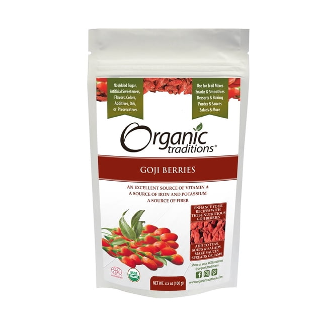 bayas de goji, secas, organic traditions, bolsa de 3,5 oz (100 g) Bolsa frontal blanca con cierre tipo zipper; etiqueta con logo "Organic Traditions", franja roja que indica "GOJI BERRIES", ilustración de bayas rojas y hojas verdes, sellos de certificación visibles y peso neto 3.5 oz (100 g); sugerida para infusiones o como snack en la despensa.