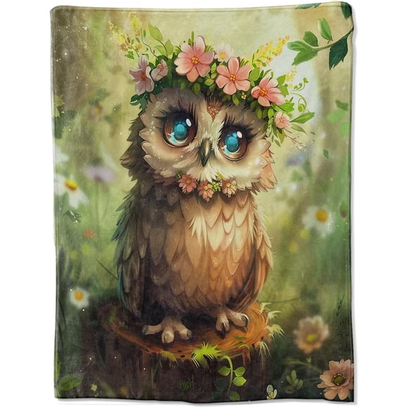 Whimsical Owl Flannel Blanket: Inch Adorable Owl with Floral Crown Design in a Forest Setting Perfect for Adding a Touch of Magic to Your Space 50"x60"