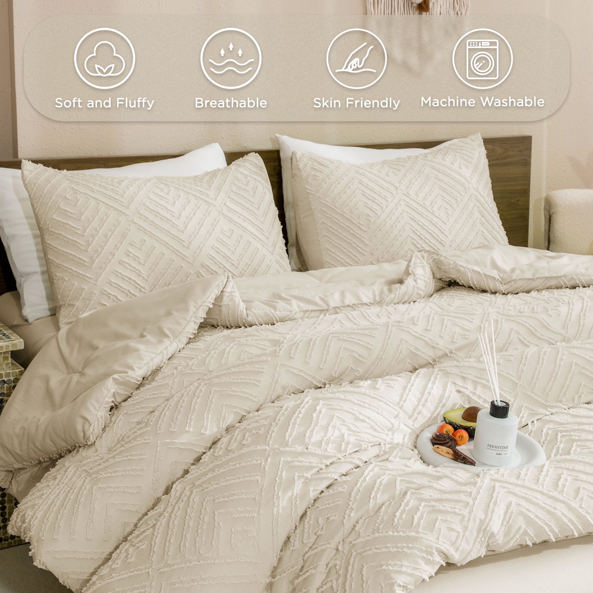 ANGENIA King Size Comforter Sets Beige - 3 Pieces Cream Boho Bedding Comforter Set for King Bed - Soft Fluffy Tufted Textured All Season Bed Set for Women Men