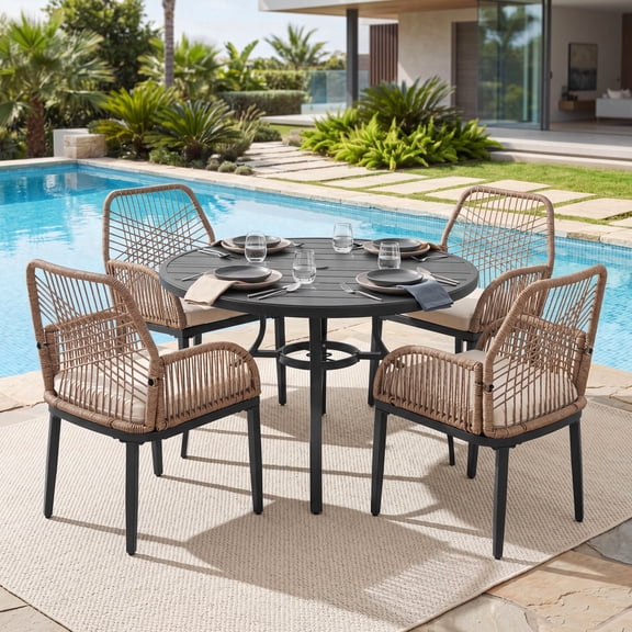 Nuu Garden 5-Piece Outdoor Dining Set, Round Outdoor Table and Chairs for 4, All Weather Patio Furniture Set with Umbrella Hole, Handwoven Twisted Rattan Outdoor Chairs with Cushions, Brown and Black