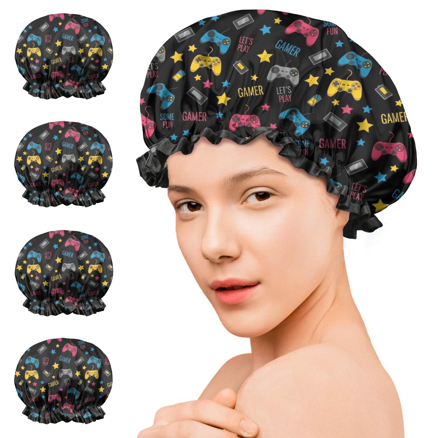 Shower Caps,Blue Controllers Games Icons Black Pattern Waterproof Shower Cap for Women 4 Pieces,Double Reusable Hair Cover for Shower PEVA Elastic Stretch Hem