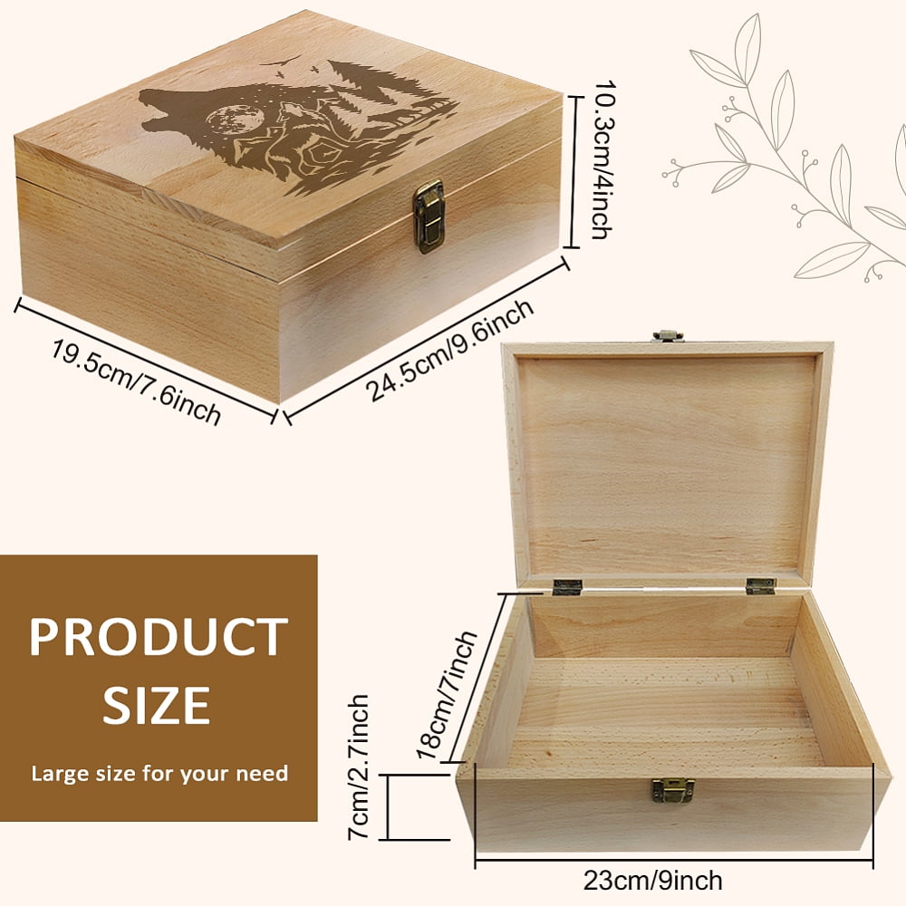 1 Pc Wooden Memory Keepsake Box Wolf Howling Moon Pine Forest Flying Birds Pattern Storage Decorative Memory Wooden Box with Hinge Lids for Photos DVDs Letters Holding 24.5x19.5x10.3cm DIY