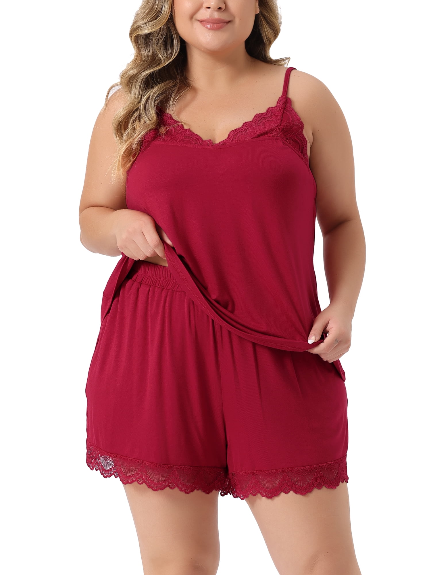 Unique Bargains Women's Plus Size Sleepwear Pajamas Lingerie Cami Shorts Nightwear Set 3X Red