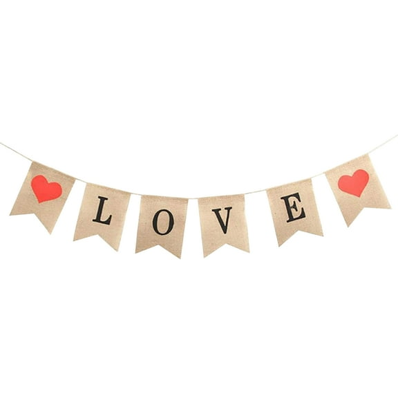 Goowood Valentine's Day LOVE Burlap Banner Heart Garland for Party Decorations with Rustic Linen Sign and Rope