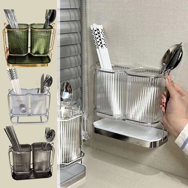 Organizador de utensilios de cocina de pared, caja de almacenamiento de plástico ABS transparente de 2 compartimentos para palillos, cucharas, tenedores, 19,5x16,23x9,2cm, fácil de instalar, rejilla