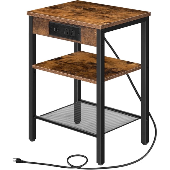 Side Table with Charging Station and USB Port, Small End for Space, 3-Tier Nightstand Adjustable Shelf, Living Room, Bedroom, Rustic Brown BF112BZ01
