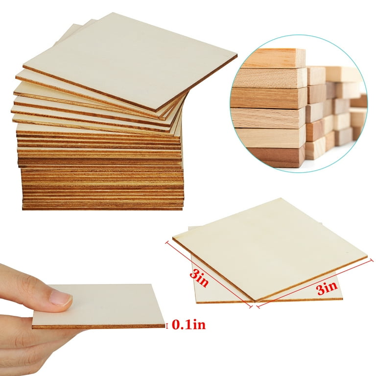 60 Pack Unfinished Wood Pieces 3x3 Inch, Blank Wooden Squares for Crafts,  Cutout Tiles for DIY Coasters, Painting, Engraving