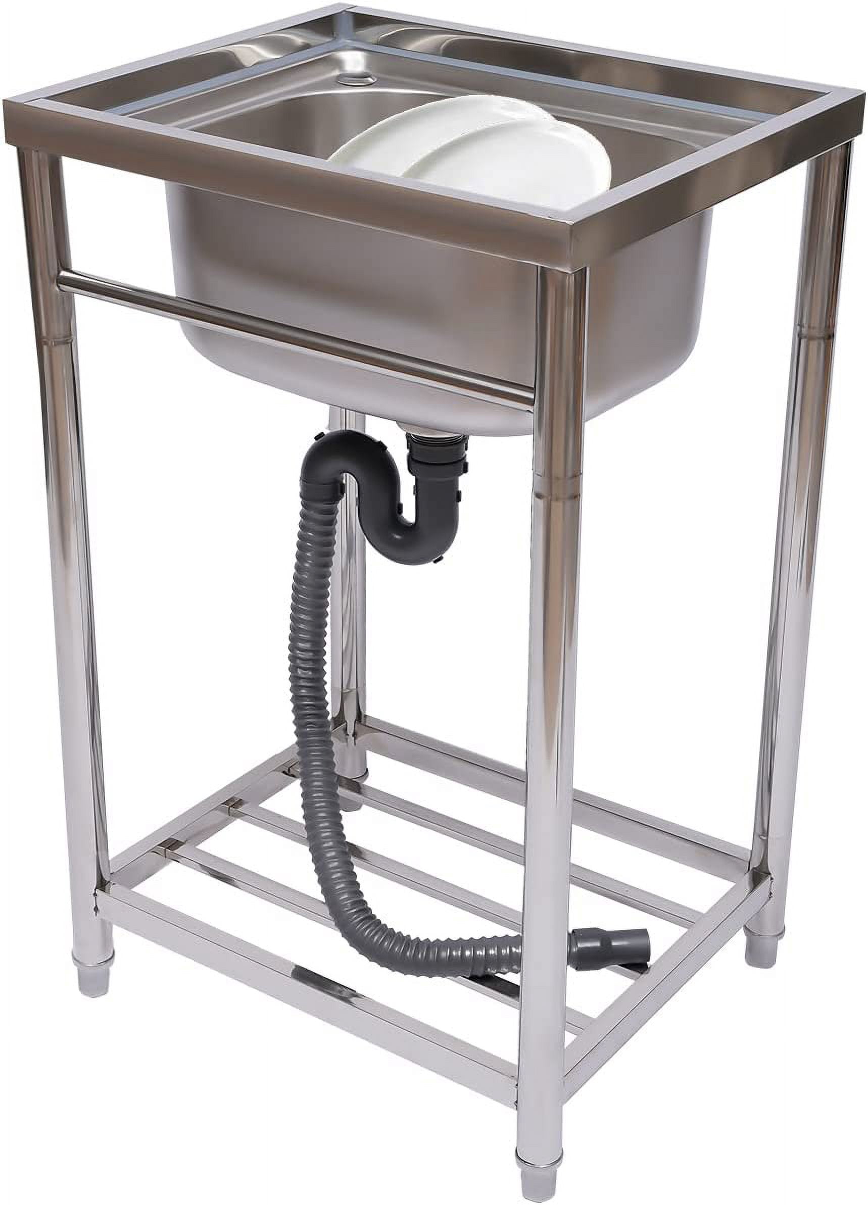Free Standing Stainless Steel Utility Sink, Single Bowl Commercial Restaurant Kitchen Sink Set with Water Hose and Storage Shelve, 17 x 13 x 8 Inch Inner Sink