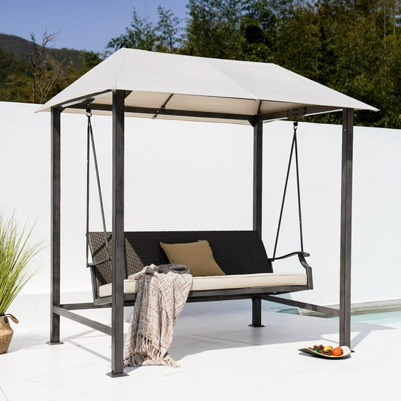 Grand Patio Outdoor Swing with Canopy & Cushion for Adults 3-Seats Yard/Porch/Garden Swing, Wood Grain Steel Frame, Beige