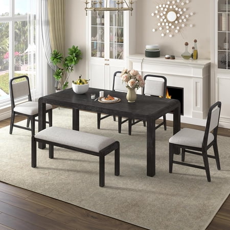 LJAN Extendable Dining Table Set for 4-6 with Dining Table & 4 Upholstered Chairs & 1 Bench for Dining Room and Kitchen