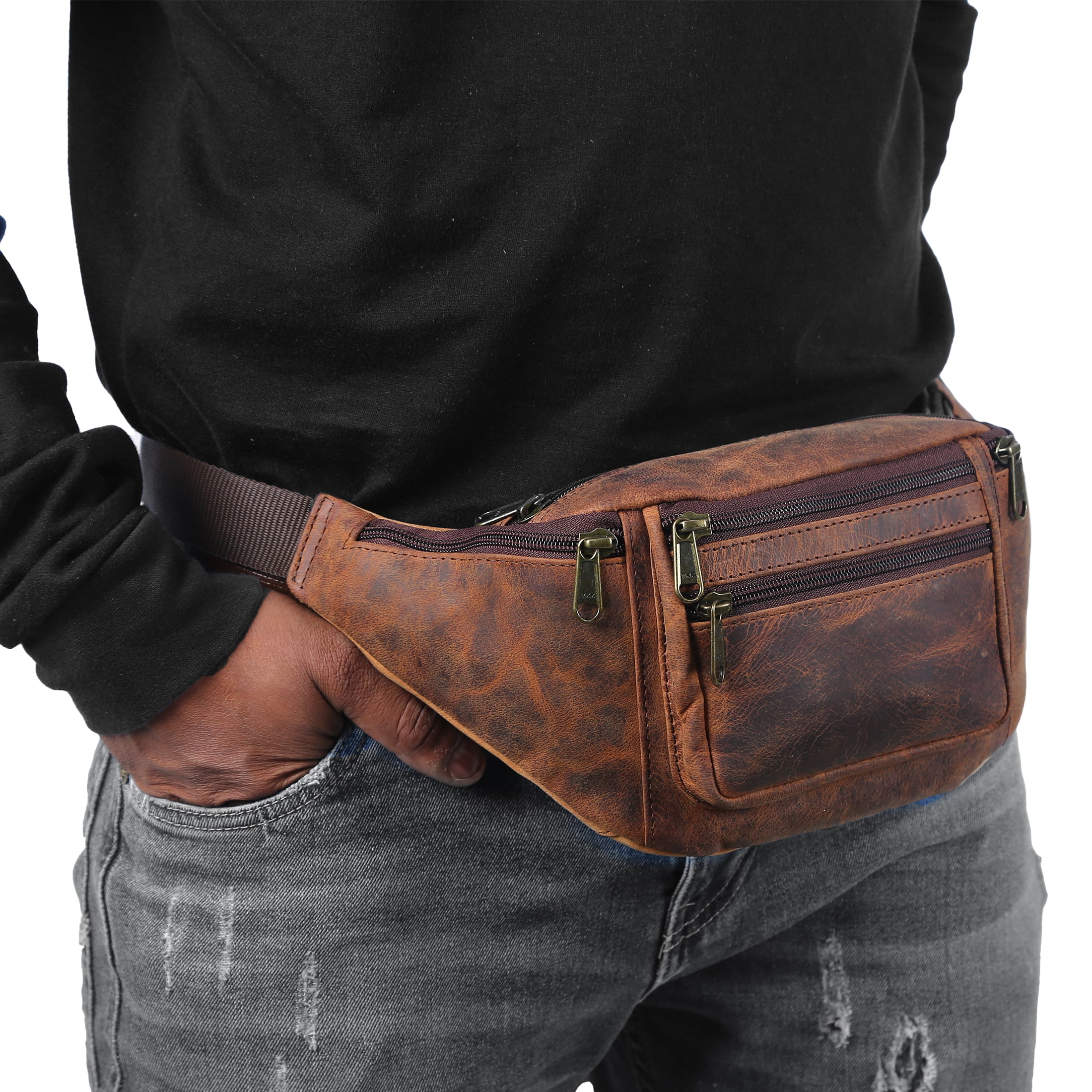 Premium Buffalo Leather Fanny Pack – Unisex Waist Bag with Adjustable Strap & Multiple Pockets, Ideal for Travel, Hiking, Running & Cycling