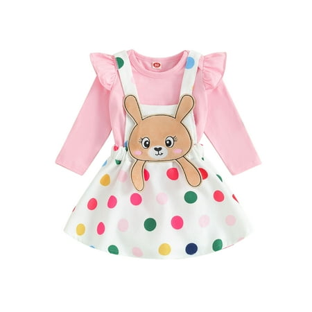 

Biekopu Baby Girls 2Pcs Easter Outfits Long Sleeve Ruffle Romper + Suspender Skirt Set Newborn Clothes