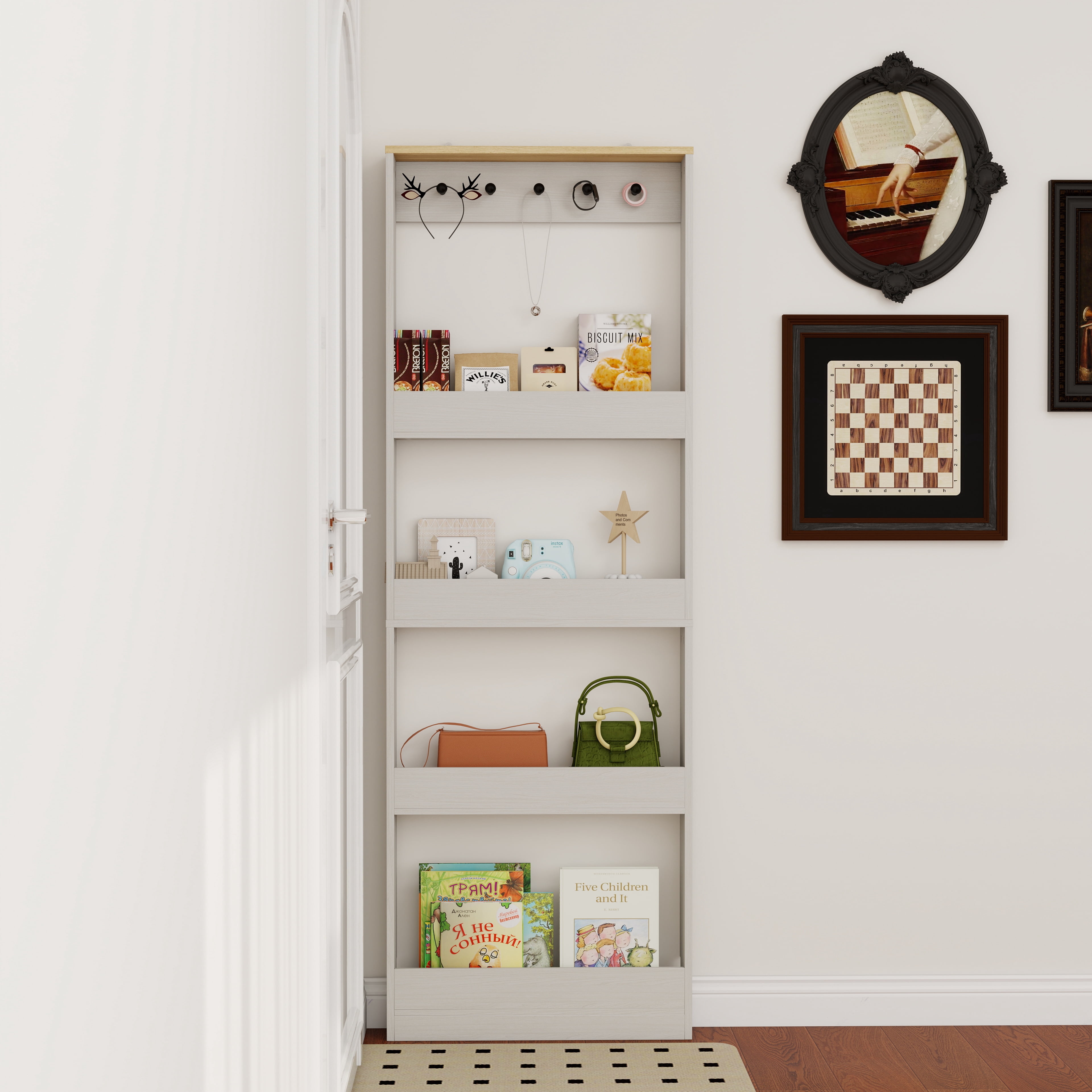 Mintazer Slim Behind Door Storage Bookshelf, 4 Tier Narrow Display Rack with 5 Hooks, Freestanding Organizer Cabinet for Entryway Living Room Bedroom, White