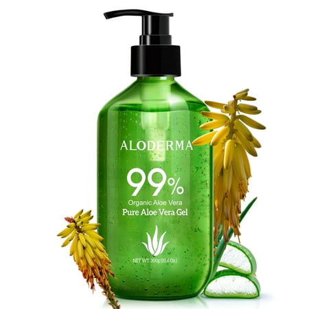 Aloderma 99% Organic Aloe Vera Gel, Bottled within 12 Hours of Harvest (300g, 10.6 oz), No Sticky Residue - No Powder Concentrates or Water Added - Eco-Friendly