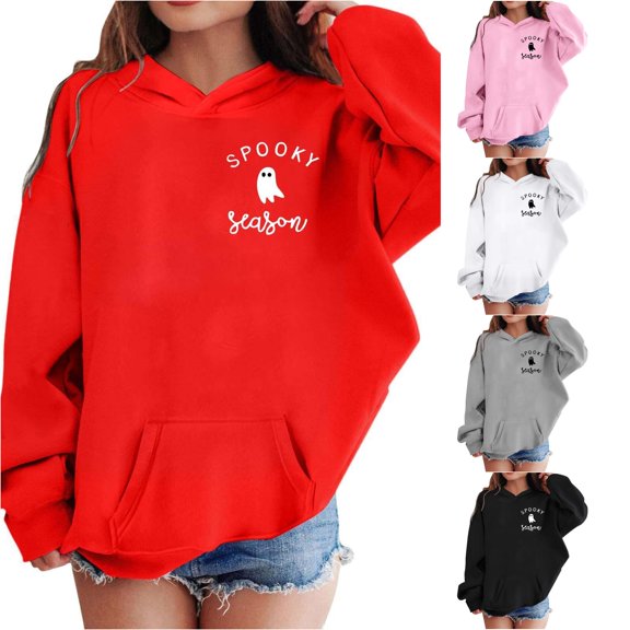 Krdevn Girls Halloween Spooky Season Hoodie Cute Ghost Graphic Pullover Sweatshirt Long Sleeve Casual Fall Top with Pocket Red,4-5 Years