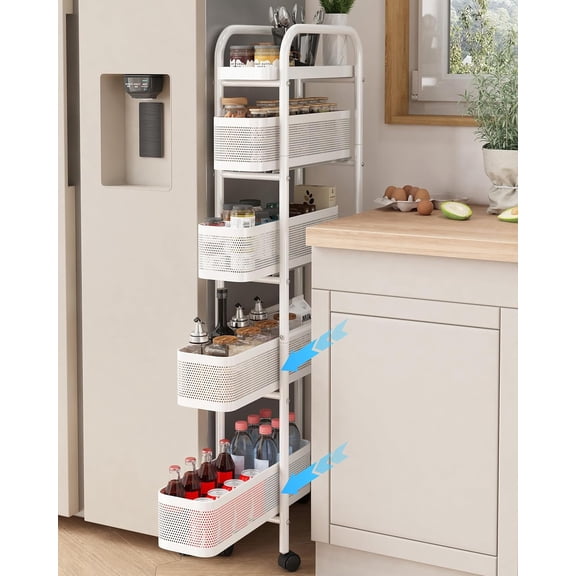 Slim 5 Tier Rolling Storage Cart with Pull Out Basket White