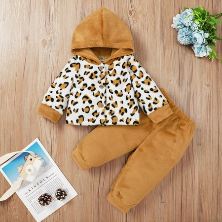 

BadyminCSL Toddler Kids Baby Girls Flannel Warm Leopard Print Hooded Coat Pants Set Outfits