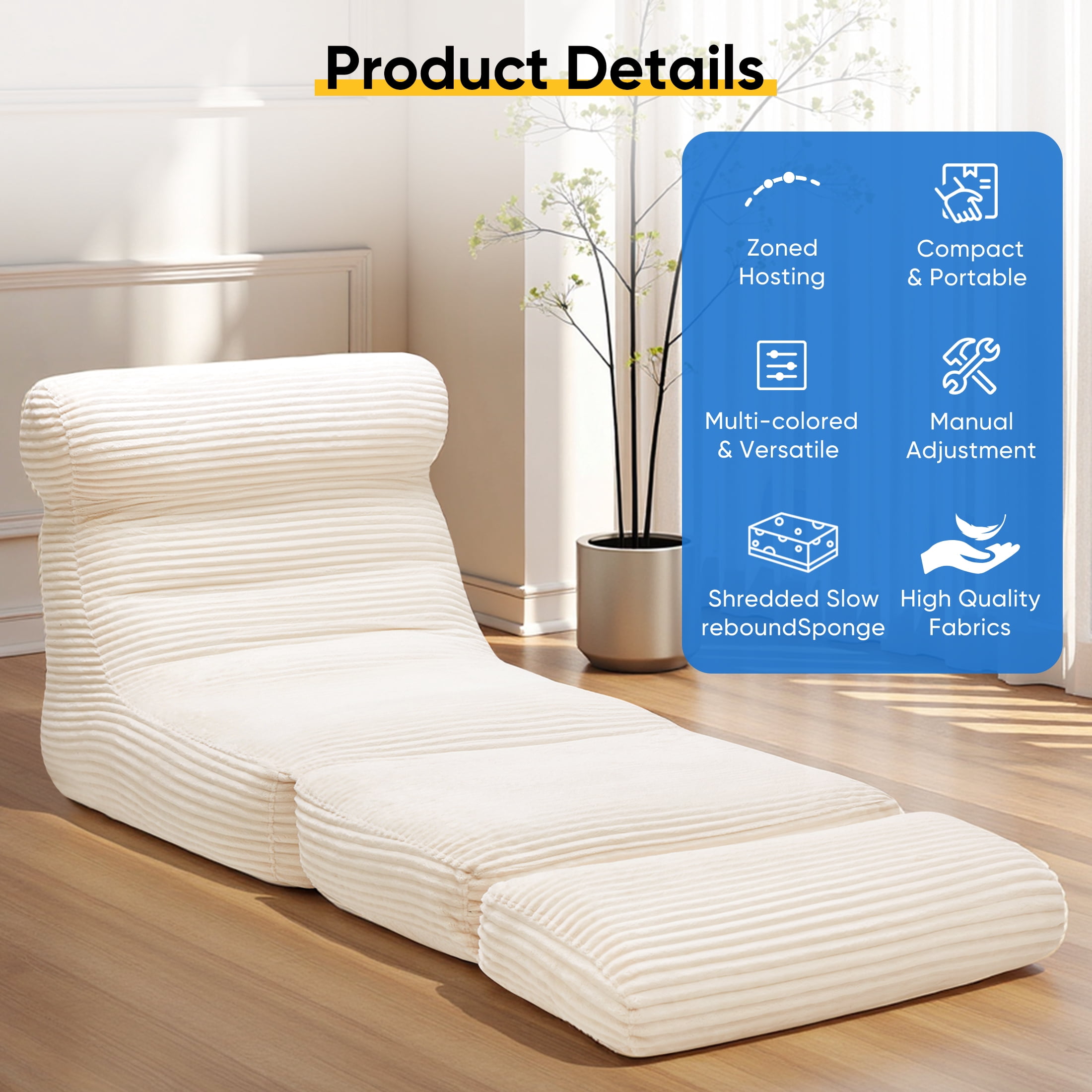 edx 3-in-1 Convertible Bean Bag Chair Bed, Multi-functional Floor Sofa with Back Support, Portable Lazy Lounger & Sleeper, High-Density Foam Gaming Chair for Adults, No Assembly, White