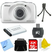 Nikon COOLPIX S33 13.2MP Waterproof Shockproof Digital Camera White Deluxe 16GB Bundle - Includes Camera, Card Reader, Gadget Bag, 16GB Memory Card, Battery, Mini Tripod and More