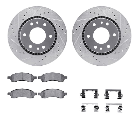 Dynamic Friction Company Front Brake Rotors-Drilled and Slotted-Silver with Ultimate Duty Performance Brake Pads includes Hardware 7412-48038