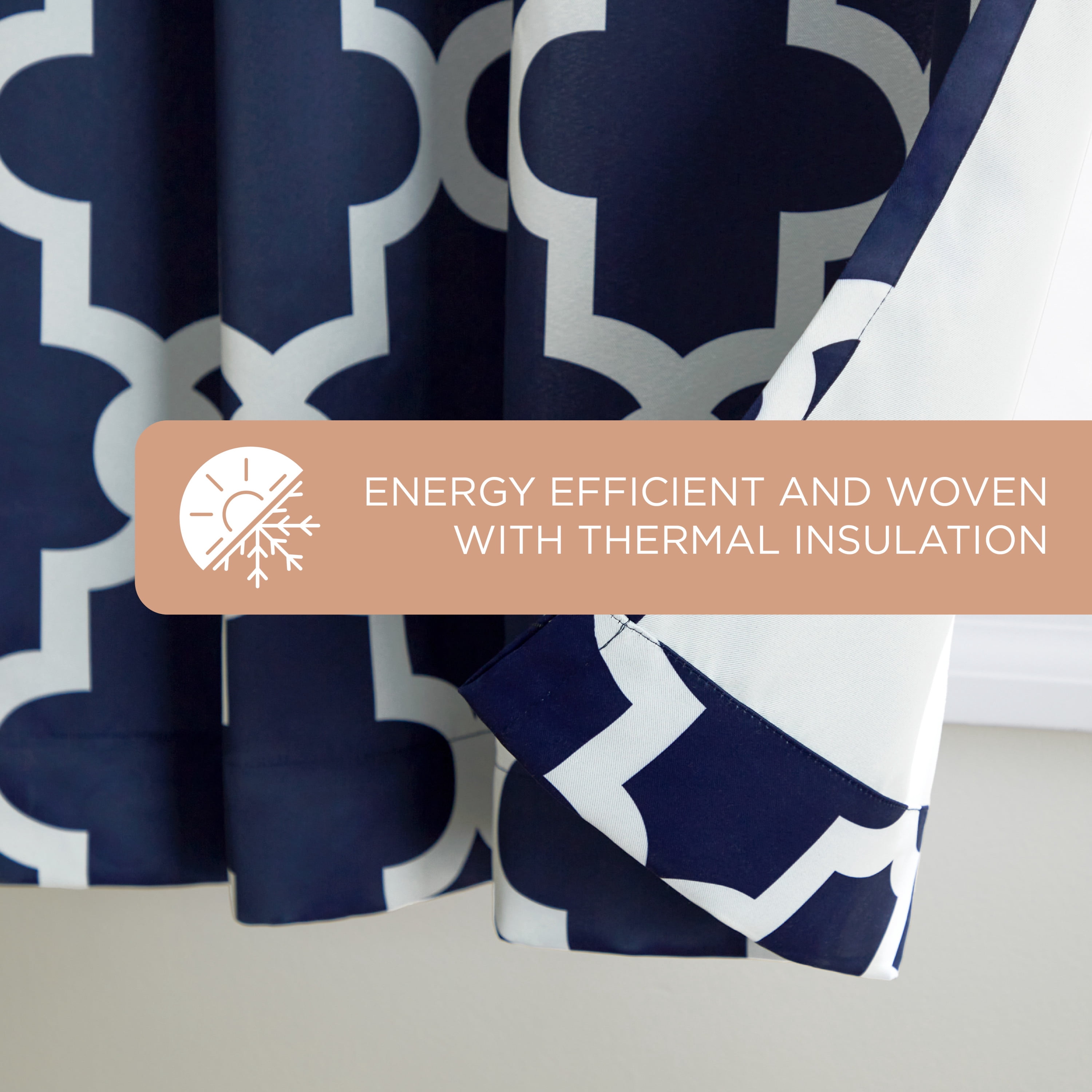 TOWN & COUNTRY EVERYDAY Ironwork Geo Trellis Sateen Indoor Curtains, Room Darkening Blackout, Grommet Top, Energy Efficient, 2-Pack Set, 52"x84", Peacoat Blue