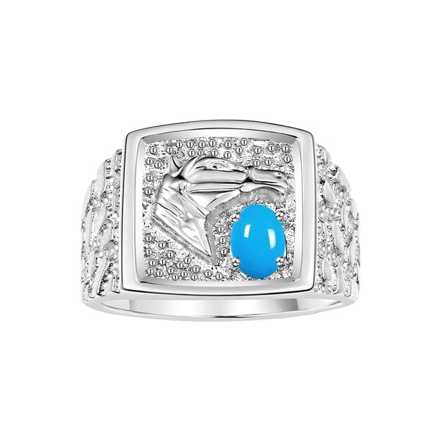 RYLOS Men's Rings 14K White Gold Rings Lucky Nugget Horse Head 6X4MM Oval Gemstone & Diamond Ring Turquoise December Birthstone Rings For Men Size 13