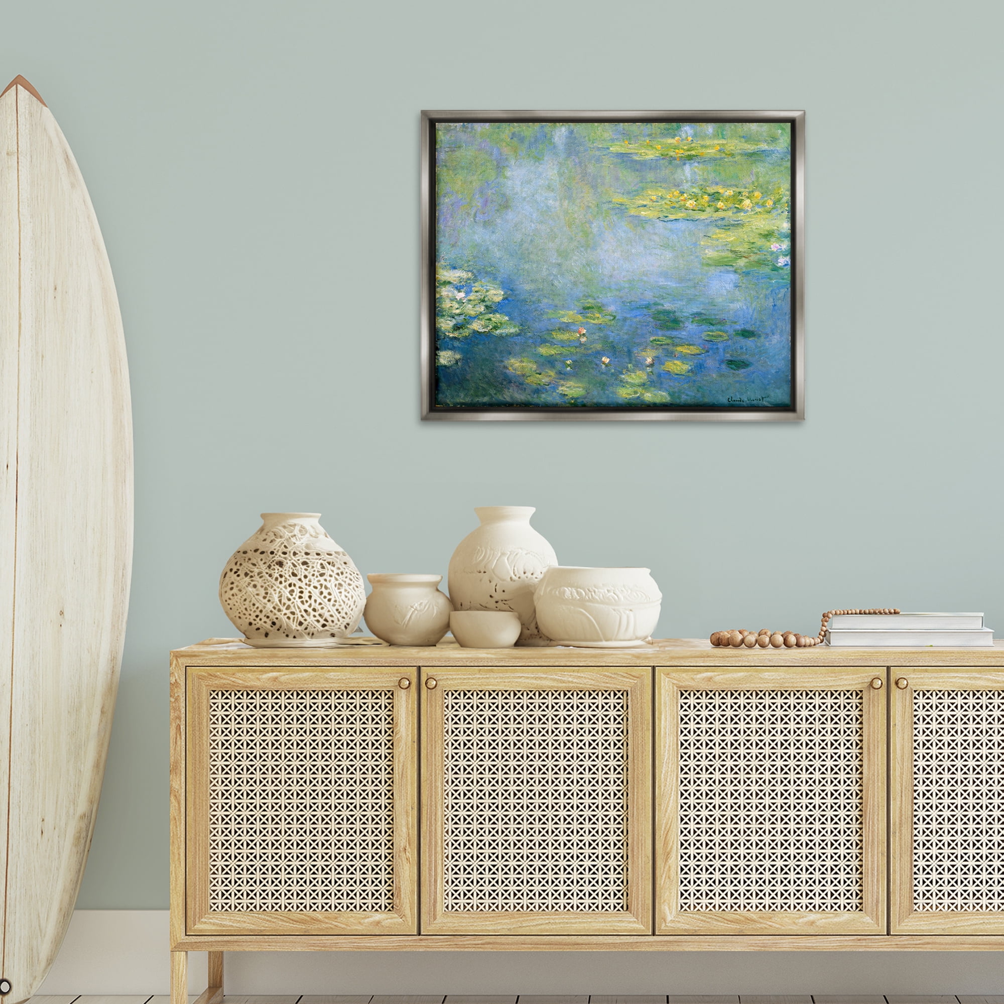 Stupell Industries Classical Monet Green Water Lilies Landscape & Nature Painting Gray Floater Framed Canvas Art Print Wall Art, 31 x 25