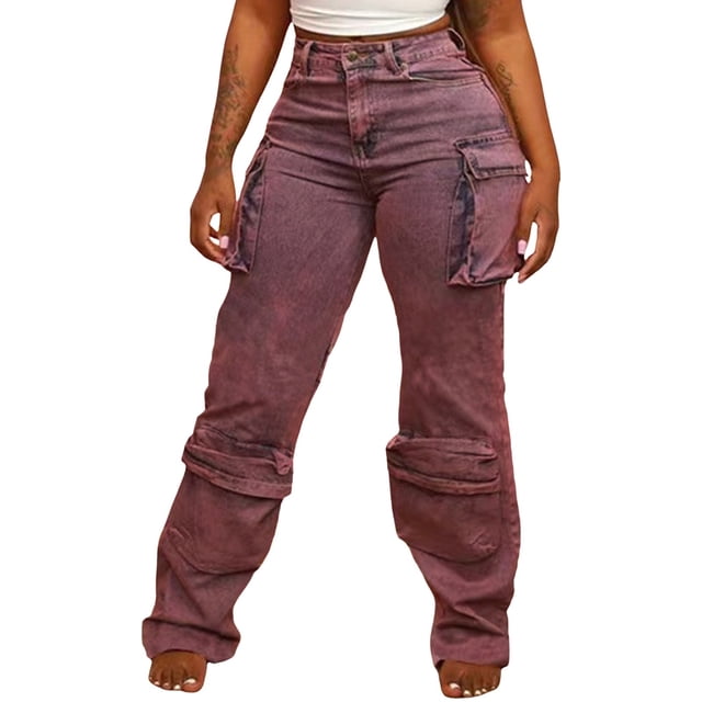 Gibobby Pantalones deportivos tipo cargo para mujer Pantalones cargo de calle de tendencia con múltiples bolsillos y retazos de tubo recto de talle de mezclilla(Rojo,G)
