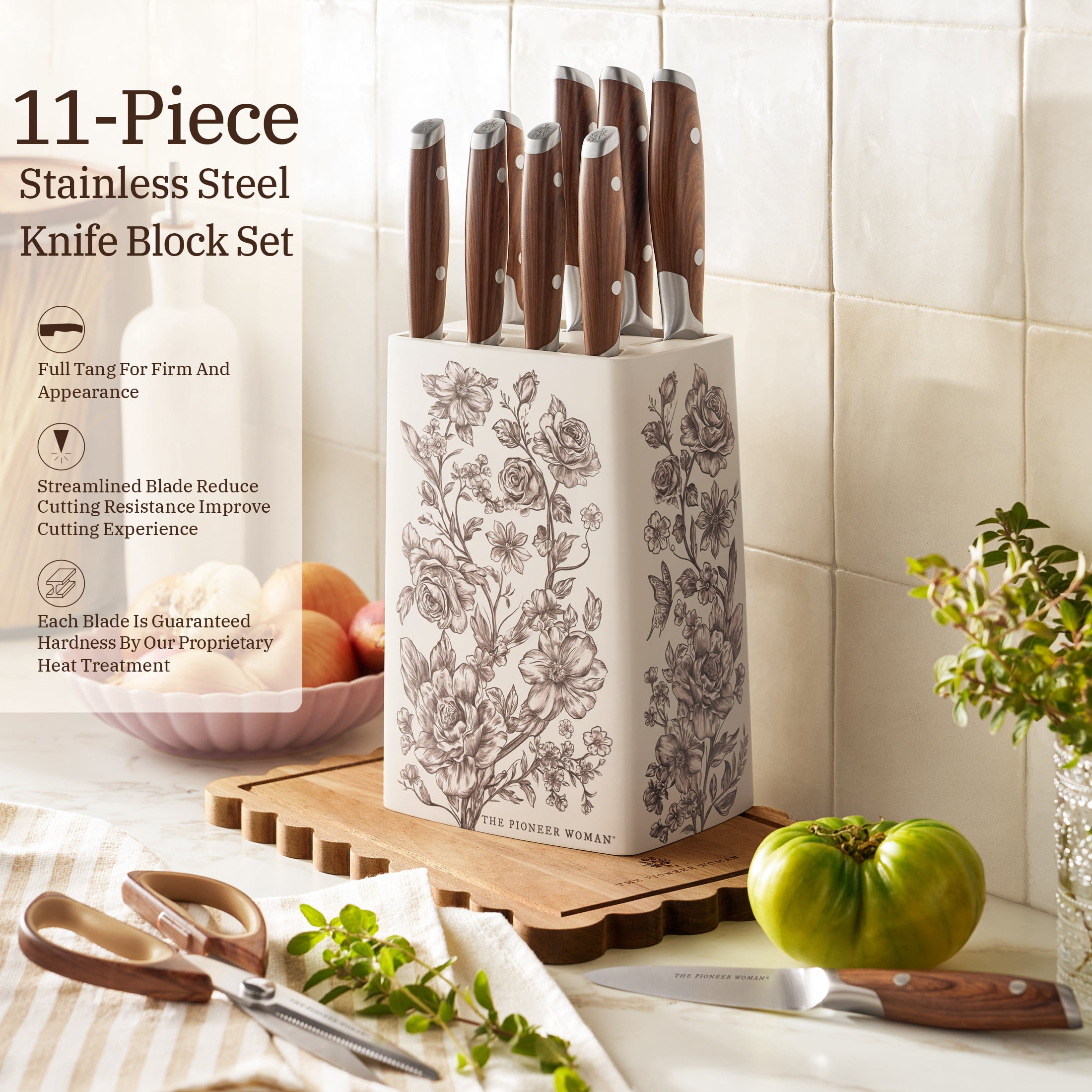 The Pioneer Woman 11 Pieces Knife Set with Decal Block Stainless Steel Knives, Forged,Brown Agatha