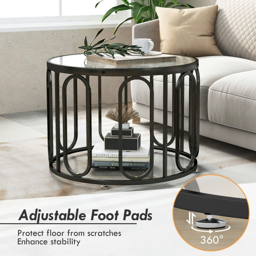 Kadyn Coffee Table,Desktop Table,Center Table,24 Inch Round Coffee Table with Reeded Tempered Glass Top and Oval Swivel Brackets-Black