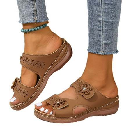 OJSFQUFP Womens Comfort Sandals Ladies Summer Fashion Solid Color Hollow Hook&Loop Casual Platform Sandals Soft Sole Outdoor Beach Shoes Woman S Slippers Brown 38