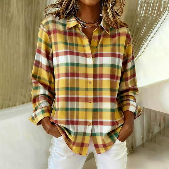 Zyekqe Womens Plaid Shirts Button down Long Sleeve Blouses Lightweight Print Business Dressy Casual Tops