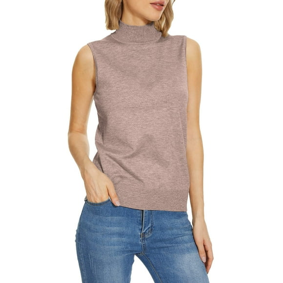 Rigardu Sweaters for Women Sleeveless Women Sleeveless Mock Neck Tops for Women Sweater Knit Turtleneck Soft Basic Vest Tank Lightweight Knit Tops Womens Sweaters Khaki Xxl