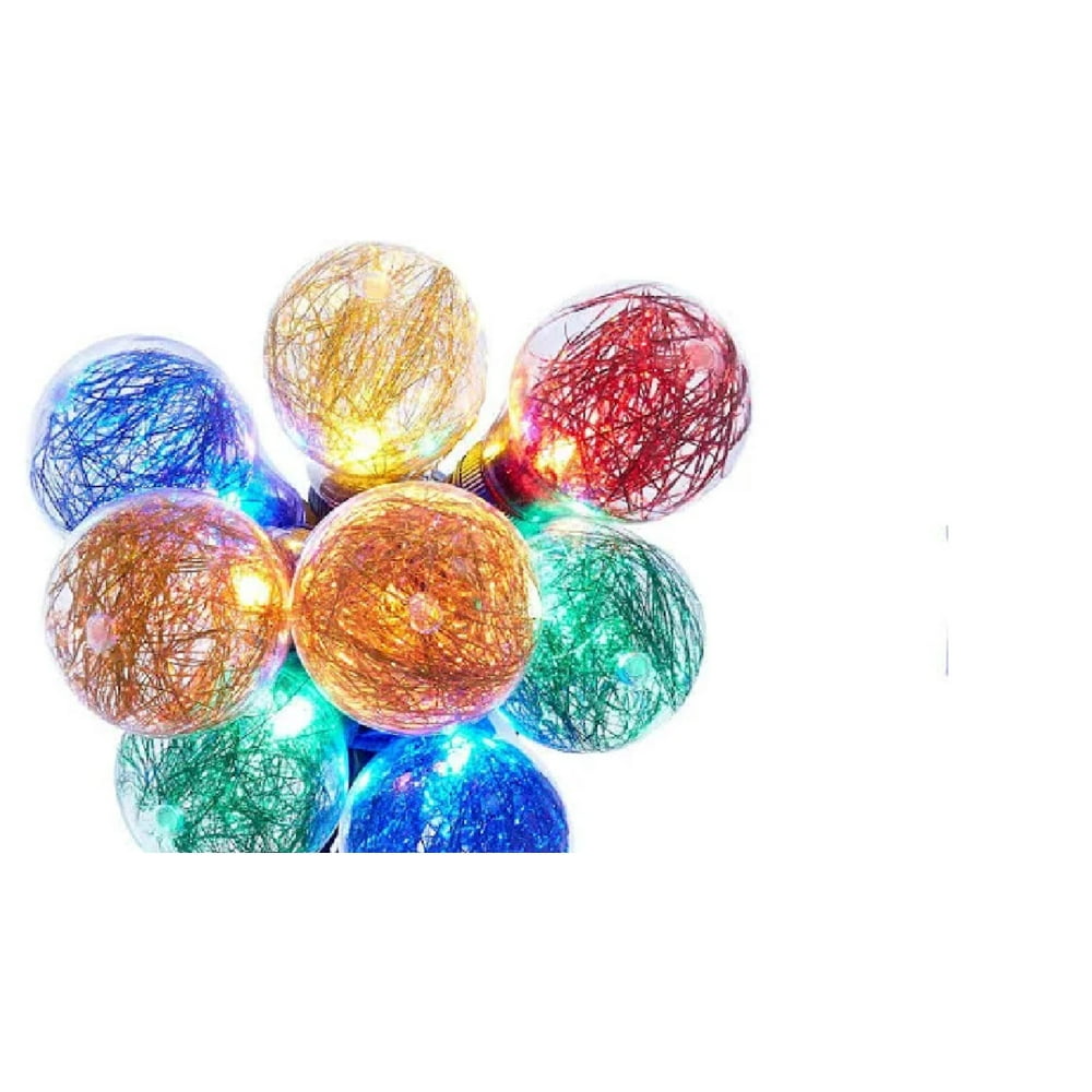 10 Count Multi Color Tinsel Filled Globe Light Set 6.5 ft Green Wire