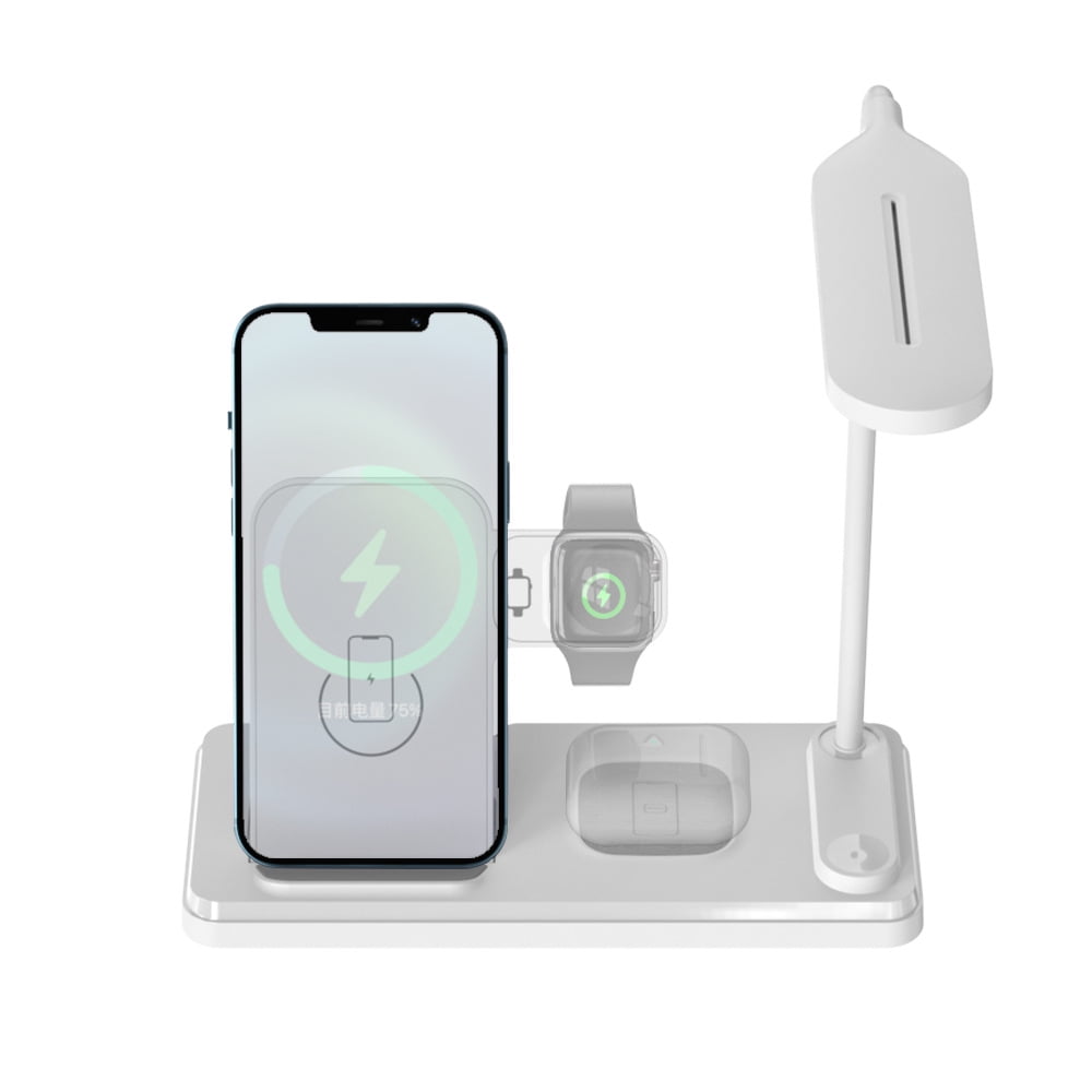 15W Multi-Function Foldable Wireless Charger with LED Night Light and Phone Stand, Compatible with i-Watch/i-Phone/Air-Pods, Portable Design-White