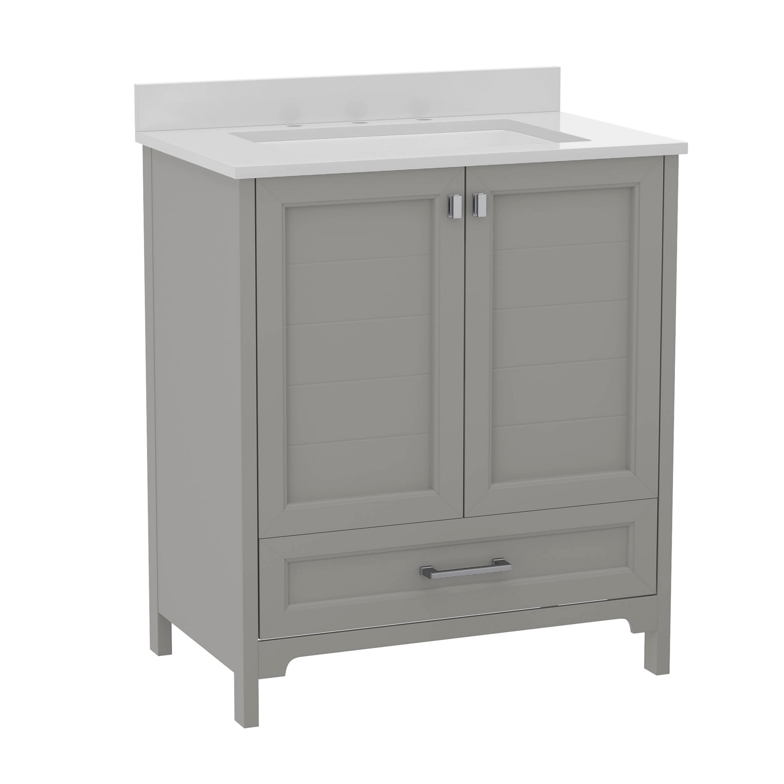 BizChair 30 Inch Bathroom Vanity with Sink, Storage Cabinet with Soft Close Doors and Bottom Drawer, Carrara Marble Finish Countertop, Gray