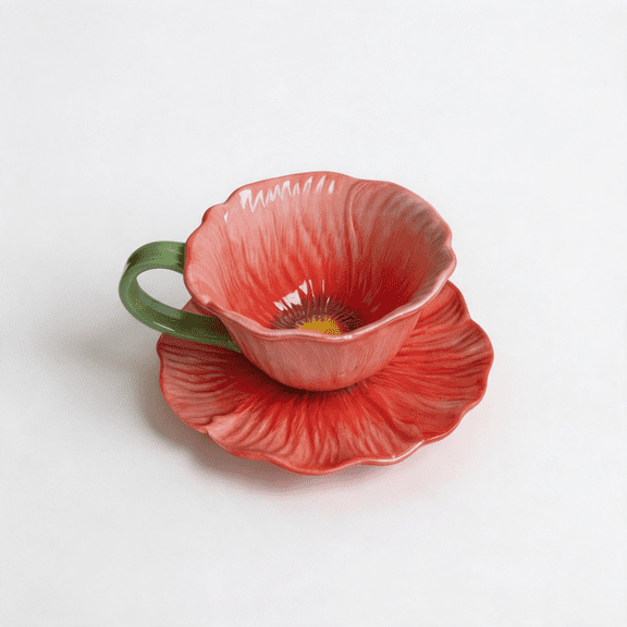 10 oz Floral Ceramic Latte Cup and Saucer Set, Cute Tea Mug for Cappuccino & Espresso, Red