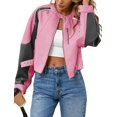 thumbnail image 3 of Womens Faux Leather Bomber Jackets Cropped Zip Up Color Block Fall Casual Moto Biker Coats, 3 of 6