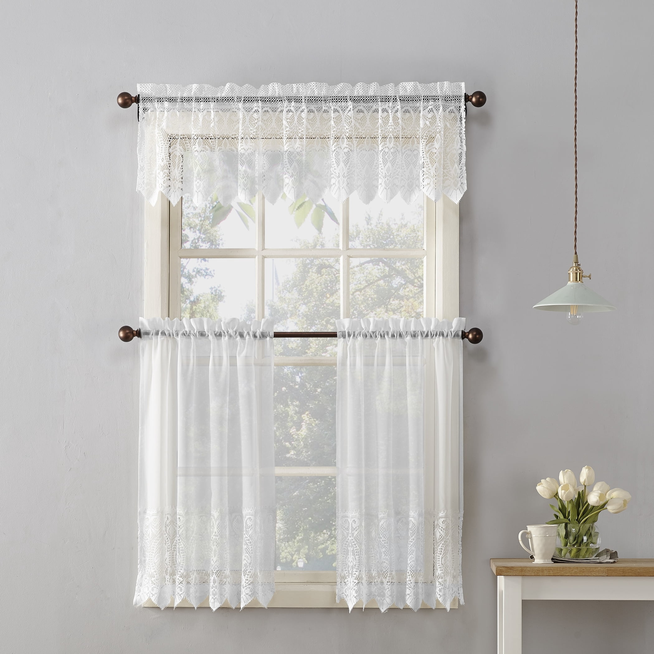 No. 918 Joy Macrame Lace Trim Semi-Sheer 60" x 24"" Rod Pocket Kitchen Curtains, Adult