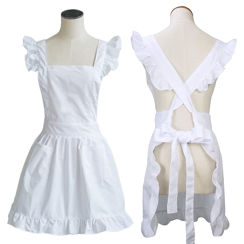 CIYISON Womens Girls Ruffles Outline Retro White Apron with Pockets Adjustable Victorian Bib Maid Cosplay Kitchen Baking Costume