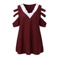thumbnail image 4 of Fimkaul Casual T Shirts for Women Stripe Stitching Lace Tunic V-Neck Causal Short Sleeve Blouse T-Shirt Tops Wine L, 4 of 6