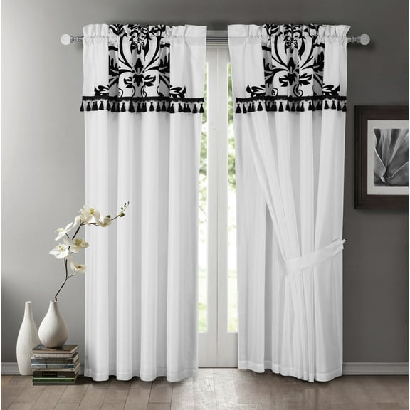 Chezmoi Collection 4-Piece White Black Flocked Floral Faux Silk Window Curtain Set - Panels attached  with Sheer Backing and Valance - Tiebacks